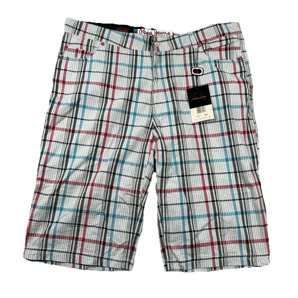 Pepe Jeans London Shorts Mens 42 Seersucker Plaid Hip Hop Street Long Baggy